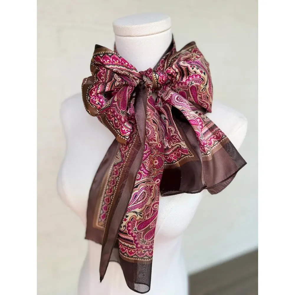 VTG Scarf Brown Magenta Paisley Print Boho Chic Neck Wrap Rectangular Fall